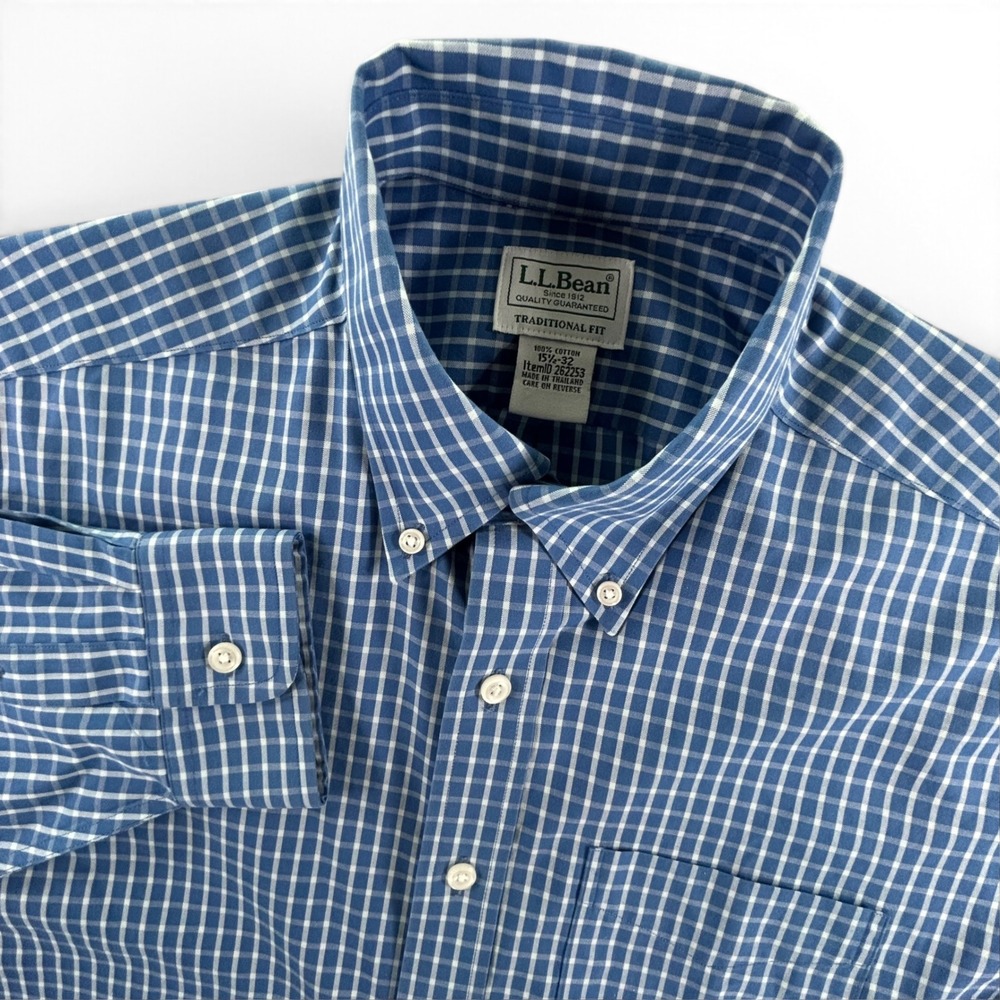 L.L. Bean Mens 15.5 32 Shirt Blue Gingham Check Traditional Fit Cotton
